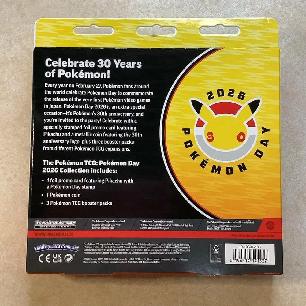 NEW! Pokémon Day 2026 Collection Box includes 3 Booster Packs, Promo Card & Coin
